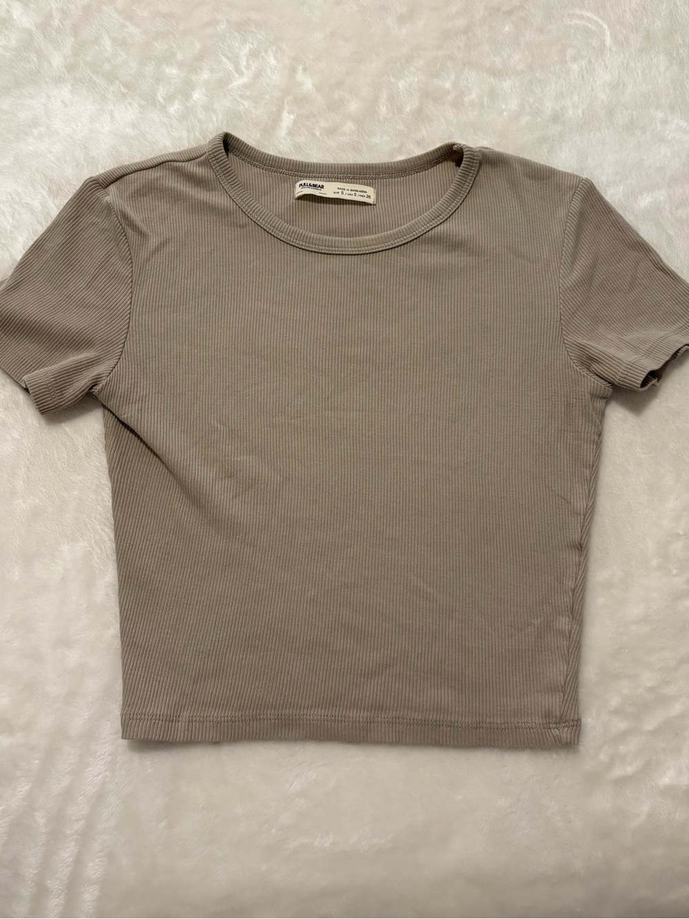 Pull&Bear Taupe Ribbed Short Sleeve Crewneck